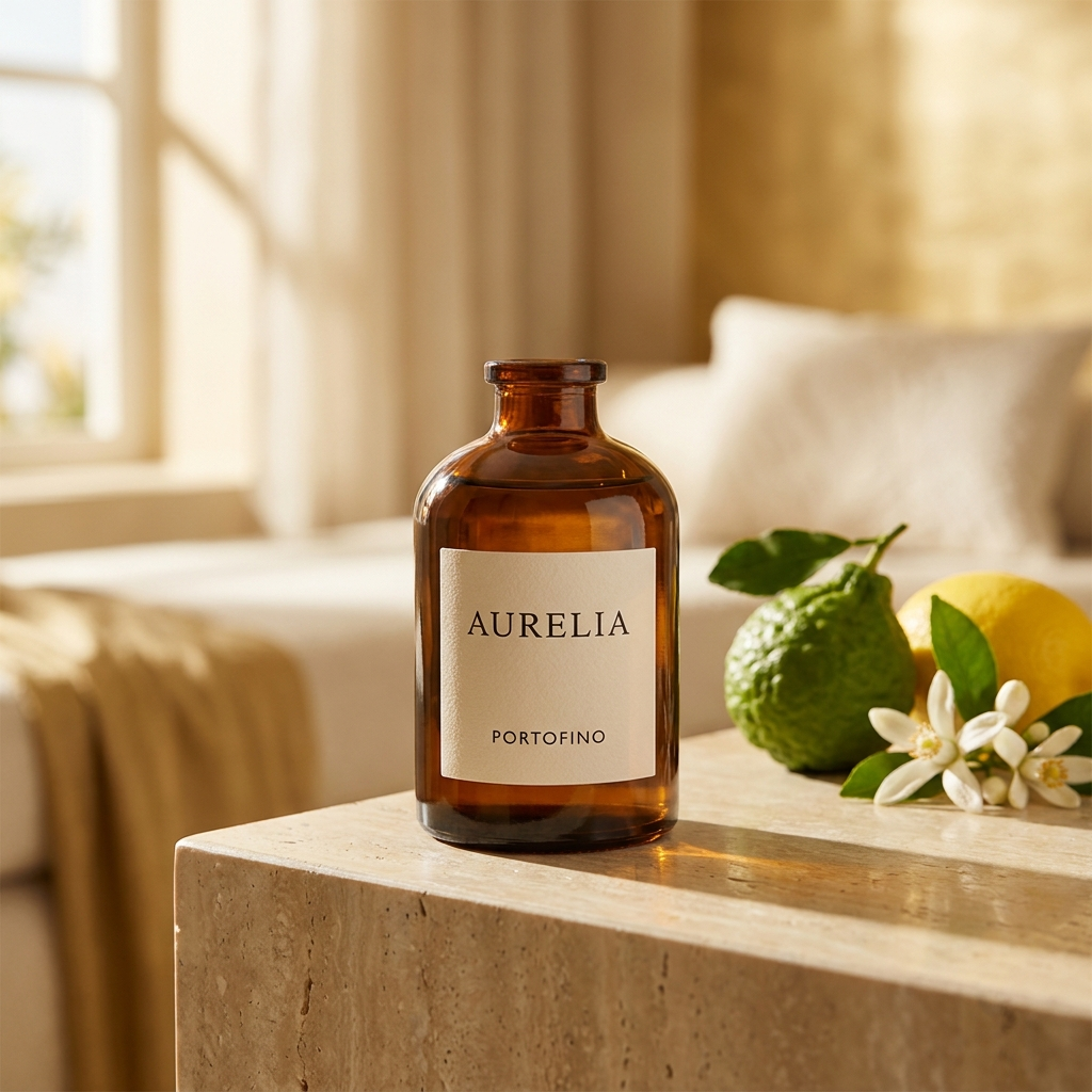 Fragranza Portofino Aurelia — flacone 100 ml su travertino con agrumi mediterranei
