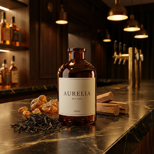 Fragranza Milano Aurelia — flacone 100 ml su marmo scuro con tè nero e ambra