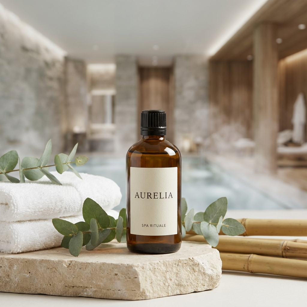Fragranza Spa Rituale Aurelia — flacone 100 ml con eucalipto e asciugamani spa